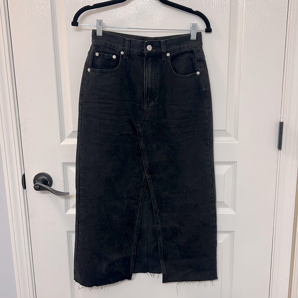 Miou Muse Black Denim Midi Skirt with Front Slit and Frayed Hem - Size S